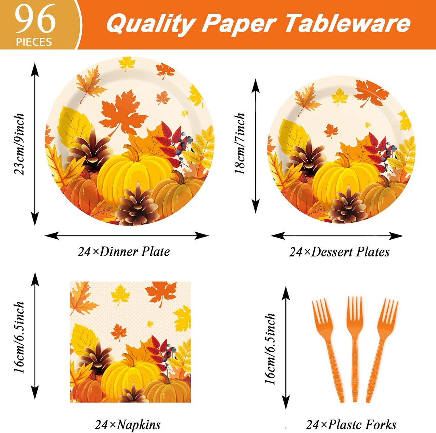 98 Pcs Autumn Thanksgiving Party Supplies Set - Plates Napkins Forks Tablecloth (Serves 24)