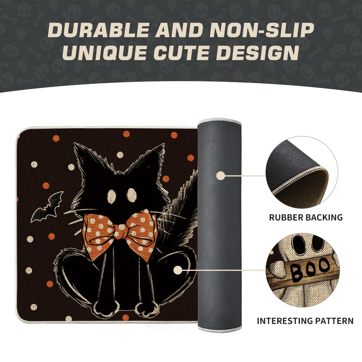 Artoid Mode Black Cat Jack-O&#x27;-Lantern Ghost Pumpkins Halloween Doormat, Seasonal Low-Profile Floor Switch Mat for Indoor Outdoor 17x47 Inch
