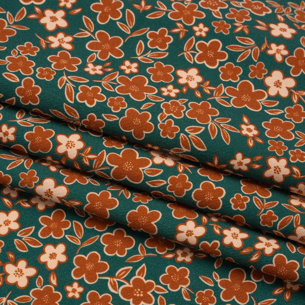1 Yard Stretch Cotton Twill Print Teal Rust and Peach Floral September Sprouts