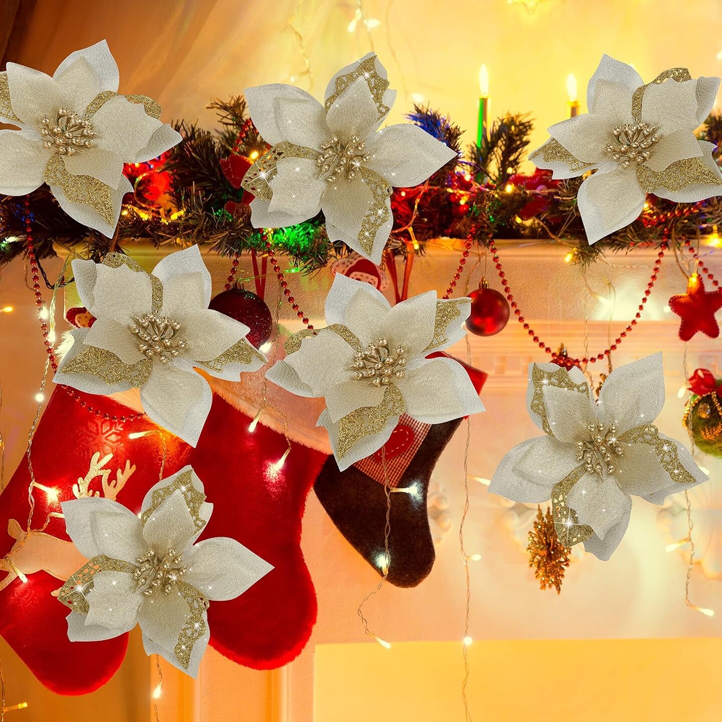 12 PCS Poinsettia Flower Artificial Poinsettia Christmas Decoration 5.9&#x27;&#x27; Gold Glitter