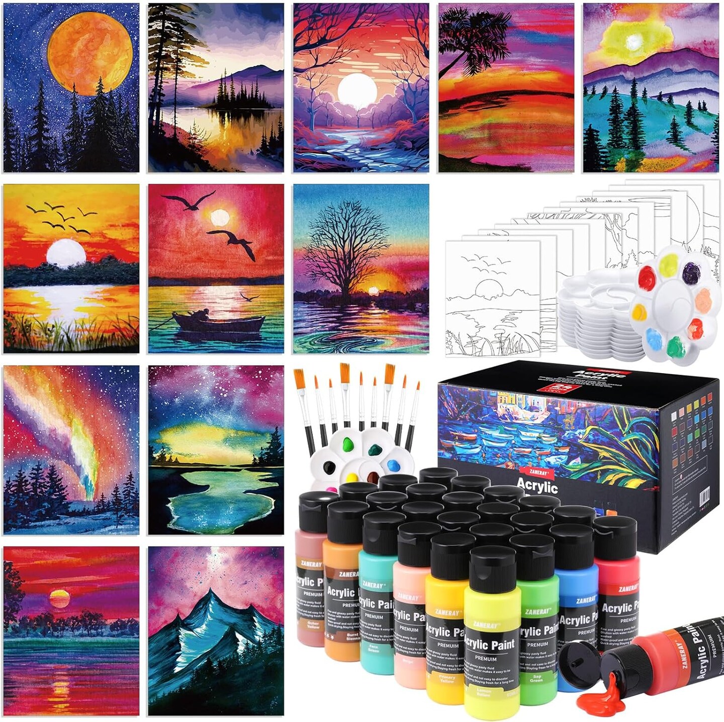 12 Set Paint and Sip Kit for Adults 8"x 10" Pre Drawn Canvas24 Colors(60ml, 2oz)(multicolor)