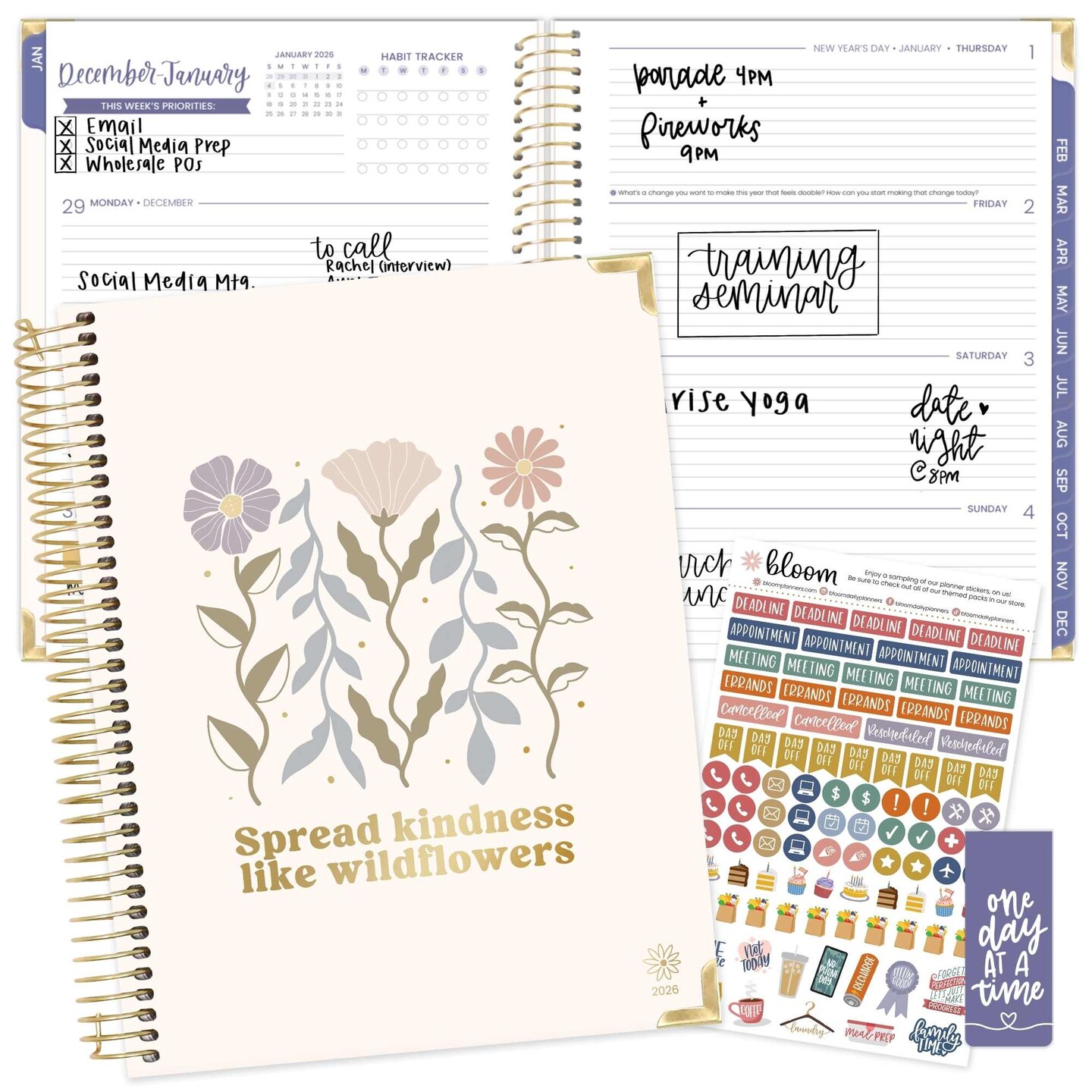 bloom daily planners 2026 Hard Cover Weekly &#x26; Monthly Planner, 8.5&#x22; x 11&#x22;, Spread Kindness Like Wildflowers