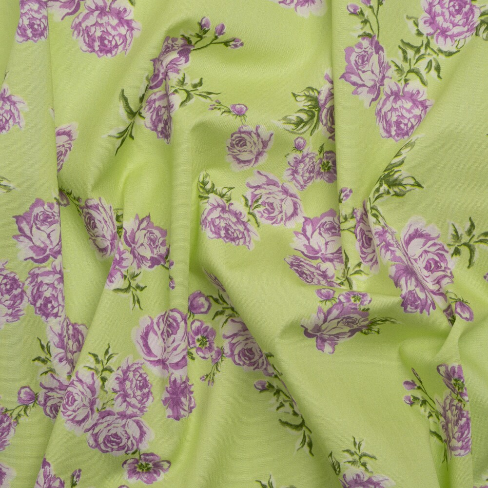 1 Yard Key Lime Divine Stretch Cotton Poplin Fabric Green Purple Floral Design 59 inch Width