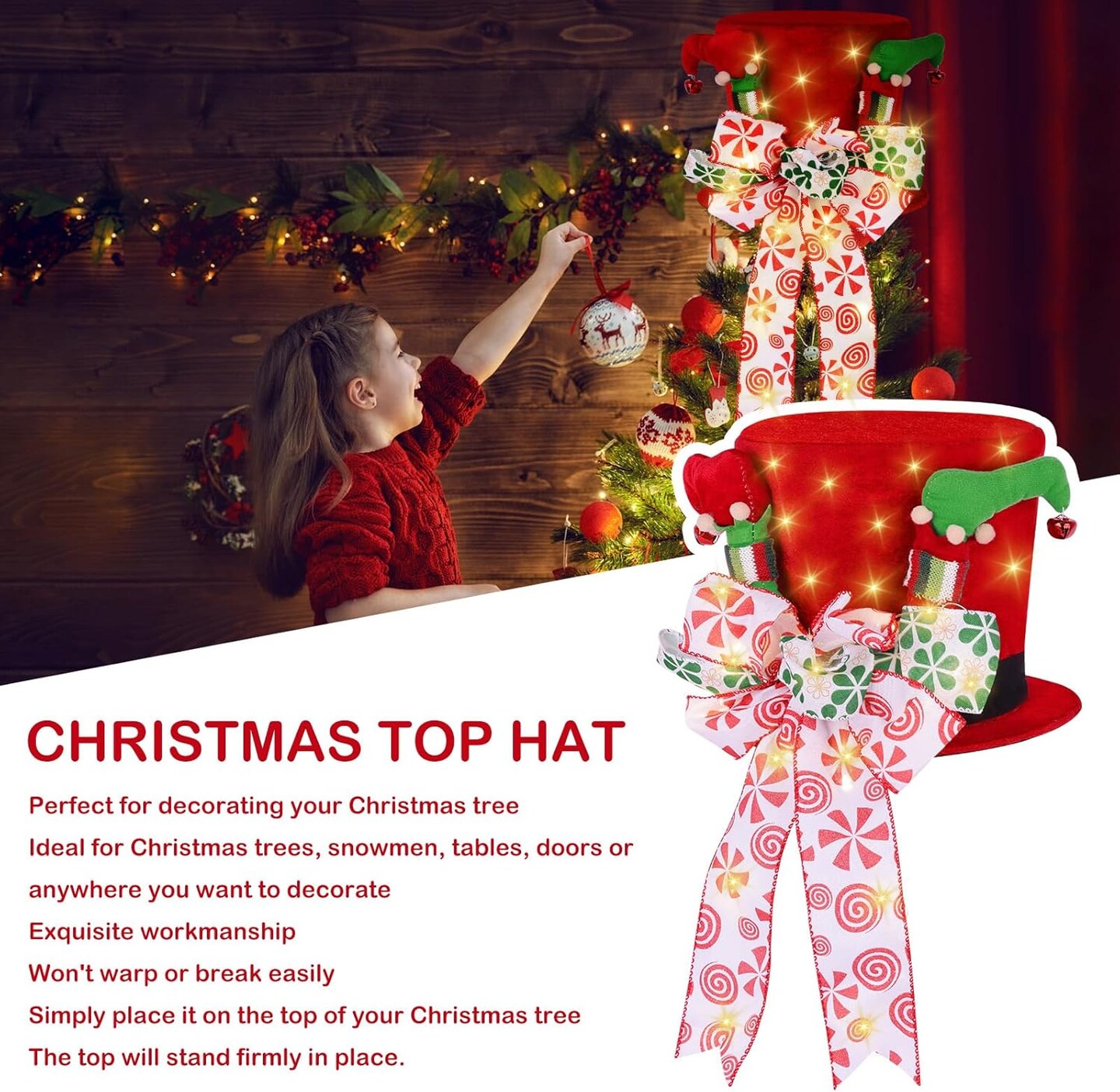 Lighted Christmas Tree Topper Red Velvet Hat with Bow and Elf Legs