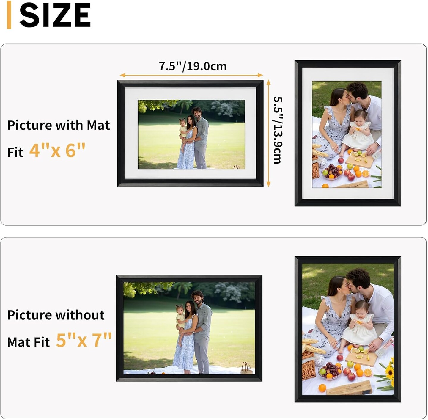 6 Pack 5x7 Picture Frame Set - 4x6 Picture with Mat or 5x7 Without Mat Displays (Black)