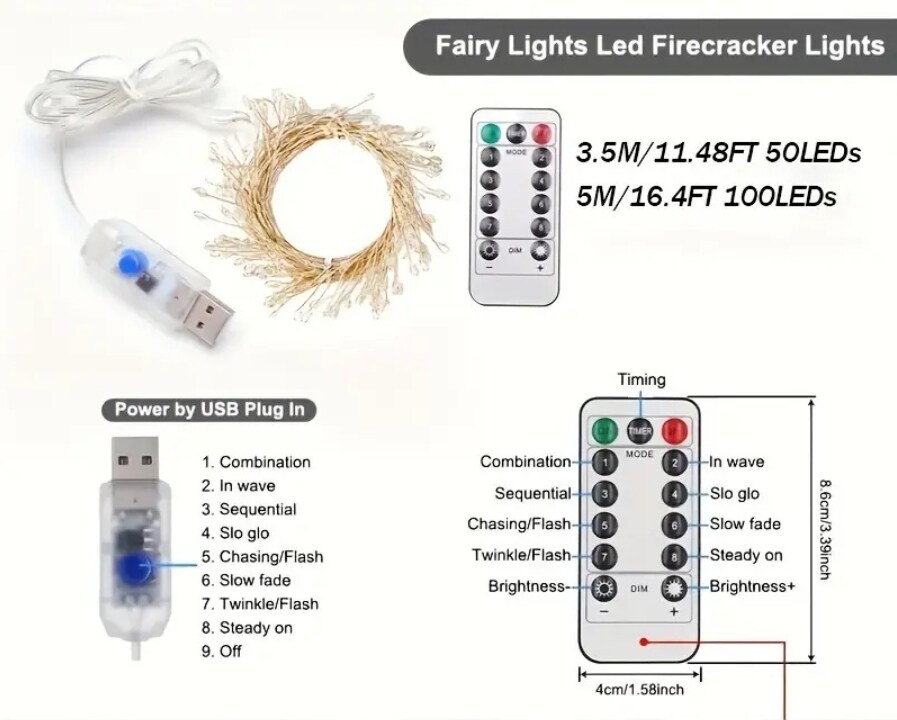 3 packages of 300 count (900 lights total) Warm White LED Fairy Lights, Silver Wire, 8 Different Light Modes with Remote Control, USB Plug