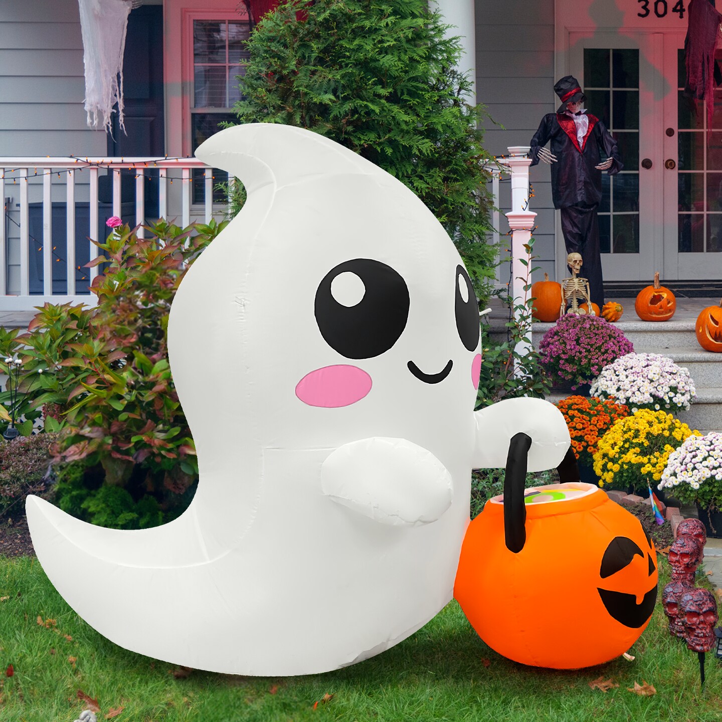 GOOSH 5FT Inflatable Cute Ghost with Pumpkin Bucket &#x2013; Light-Up Halloween Yard Decoration