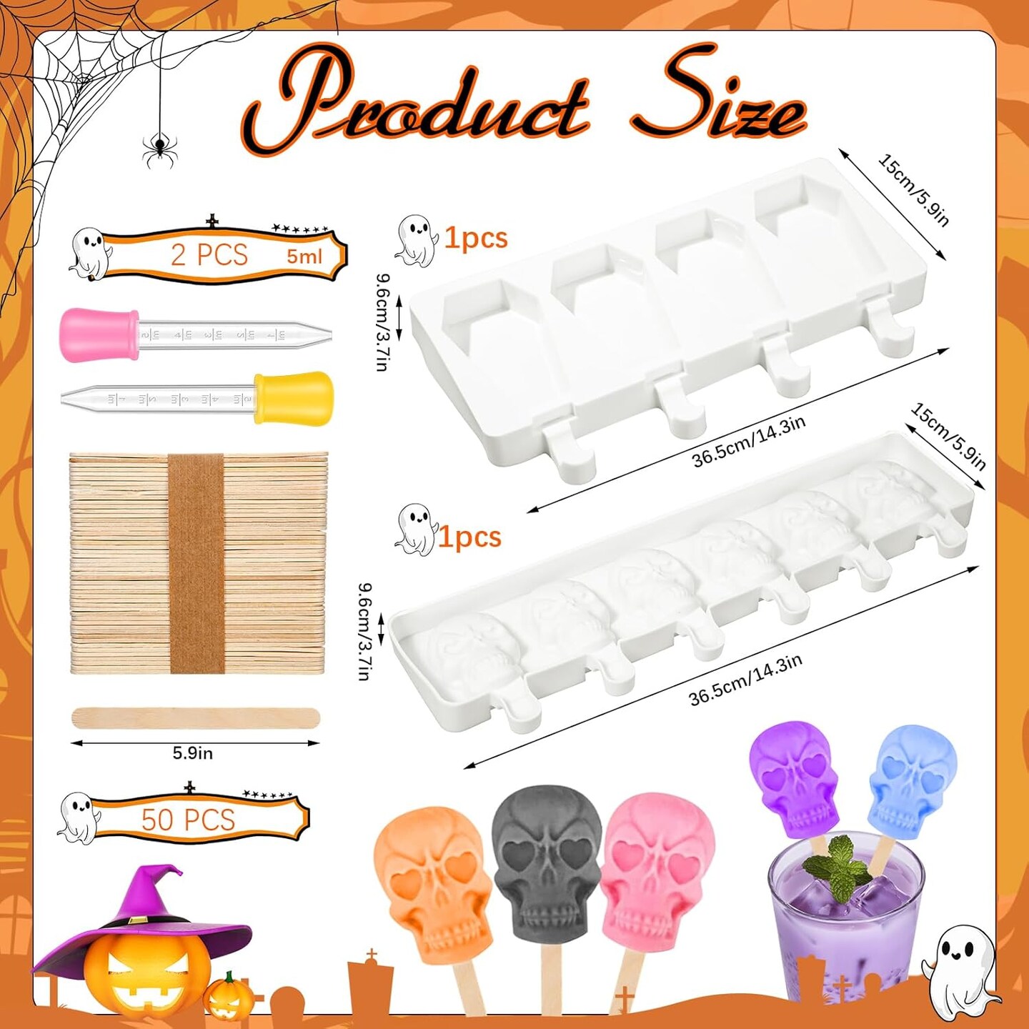 2 Pack Halloween Silicone Ice Cream Mold with 50 Wooden Sticks and 2 Droppers (Coffin, Skull)