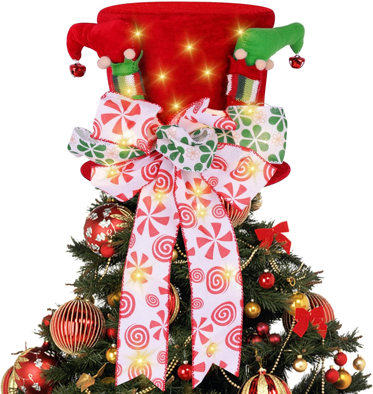 Lighted Christmas Tree Topper Red Velvet Hat with Bow and Elf Legs