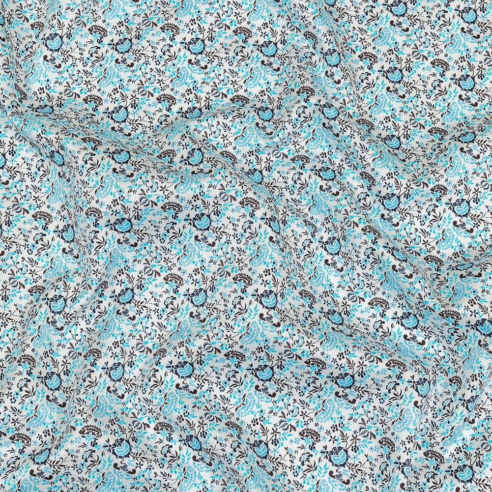 1 Yard Turquoise Blue Indigo and Umber Floral Cotton Sateen Fabric