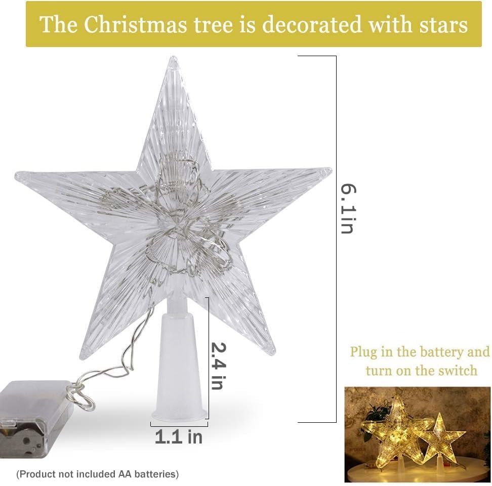6&#x22; Small Christmas Star Tree Topper Star with LED - Battery Operated (Warm White)