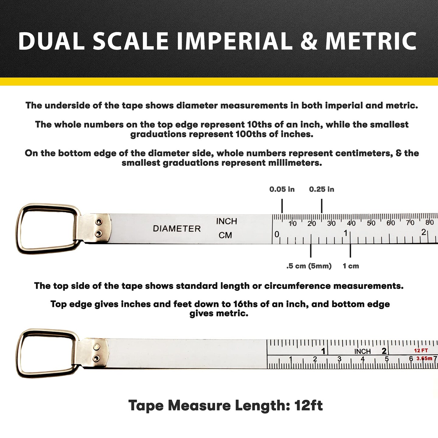 Perfect Pi Diameter Circumference Tape Measure - Imperial and Metric Tape Measure 1/2-inch by 12ft / 3.5m - Use for Measuring Cylindrical Objects - (Pipe Tape, Tree Tape) Model DCT121