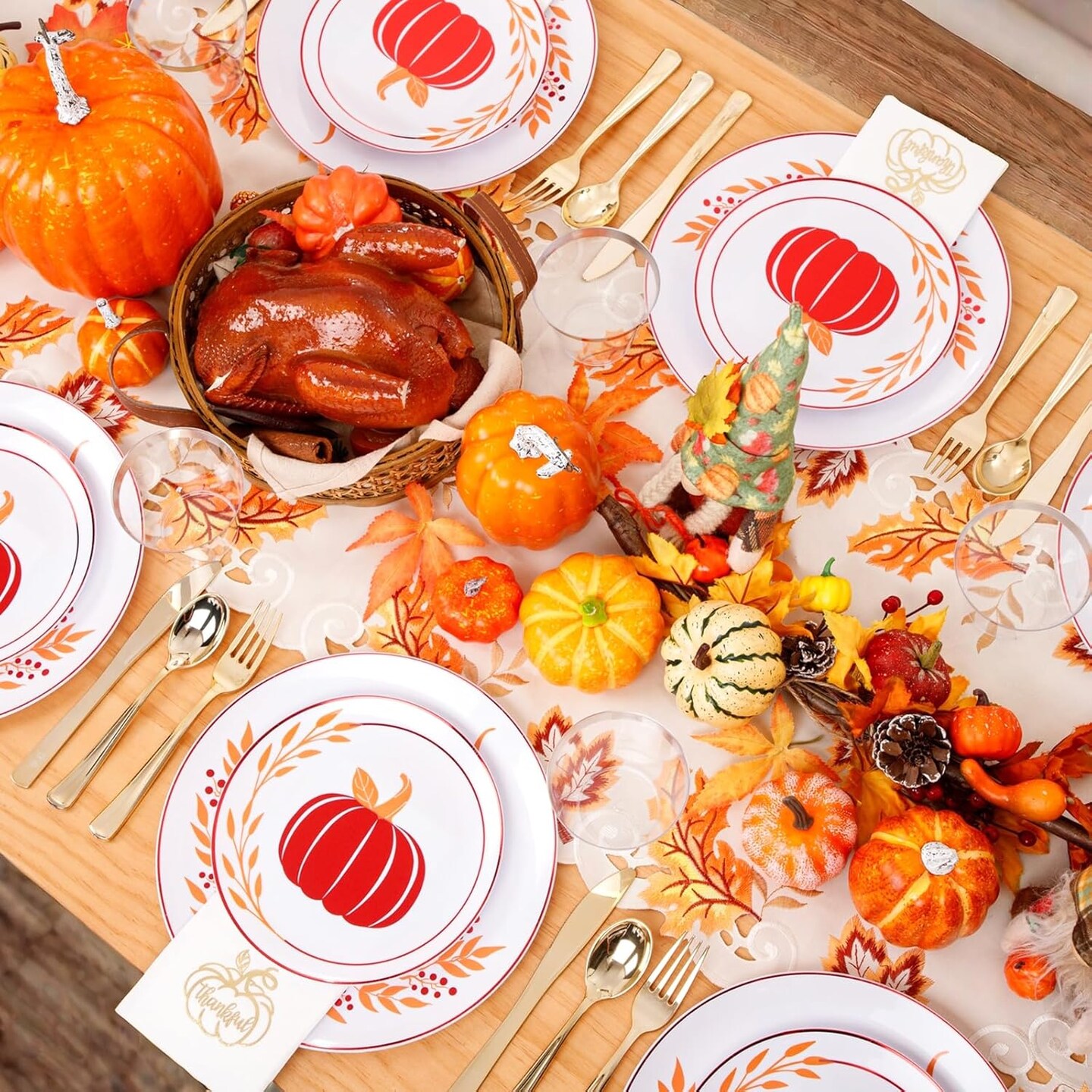 175PCS Thanksgiving Plastic Plates(Orange Red Gold)10.25 x 10.25 x 0.6 inches