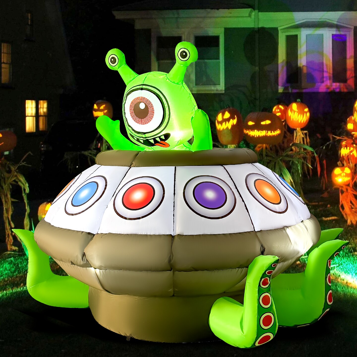 GOOSH 5.2FT Animated Inflatable Alien in UFO – Light-Up Halloween Yard Decoration