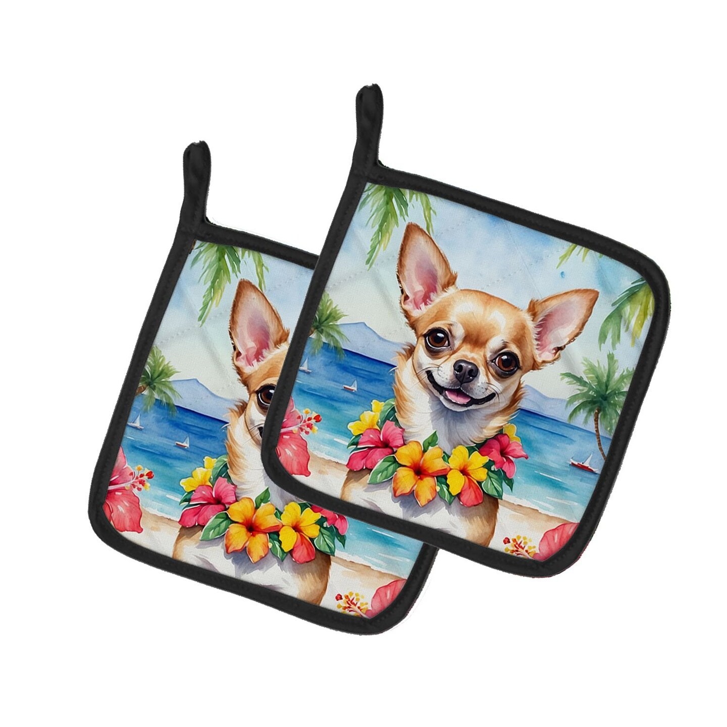 Edge Collections - 7.5" x 7.5" - Multicolor - Chihuahua Luau Pair of Heat Resistant Pot Holders - 1 Pair