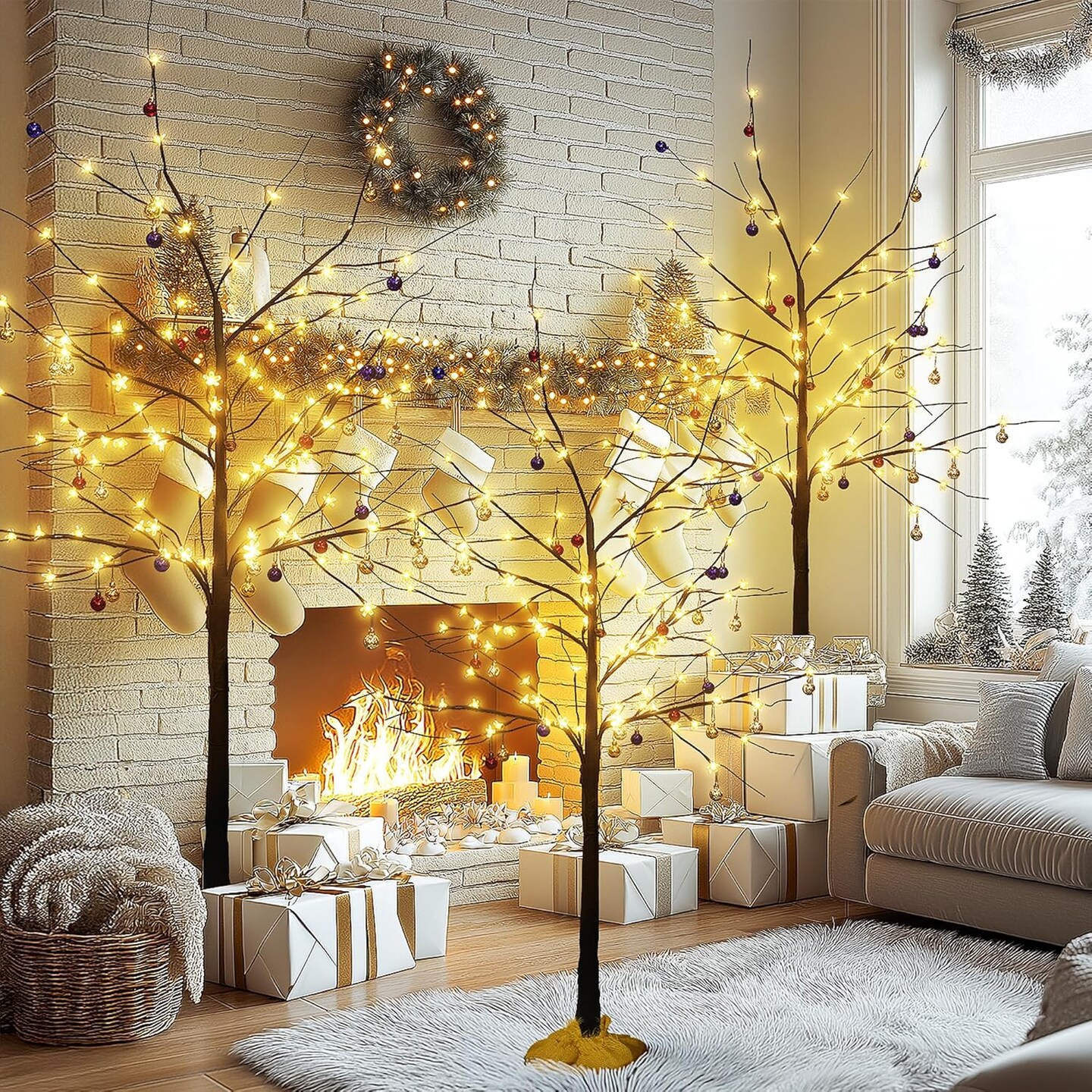 Brown Lighted Birch Tree Set of 3 (Brown)