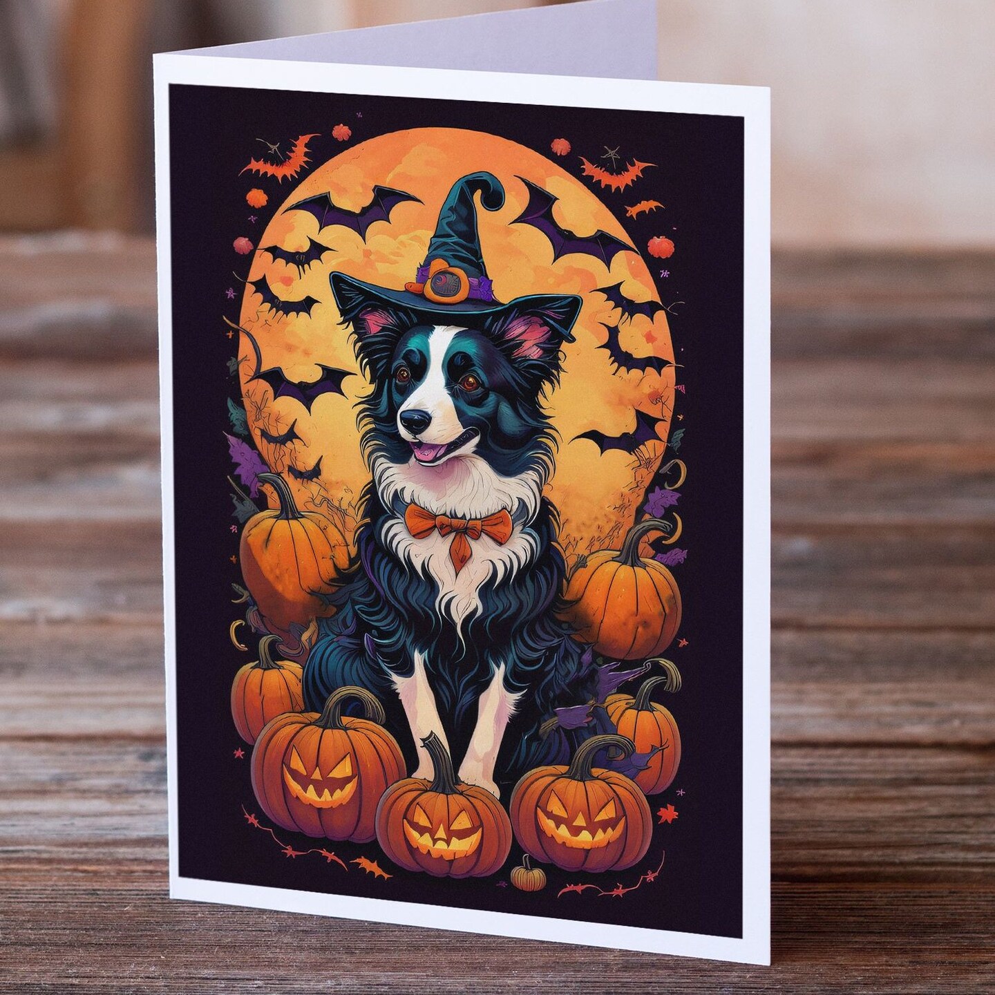 Edge Collections - 5" x 7" - Orange - Border Collie Witchy Halloween Greeting Cards with Envelopes - 8 Pieces
