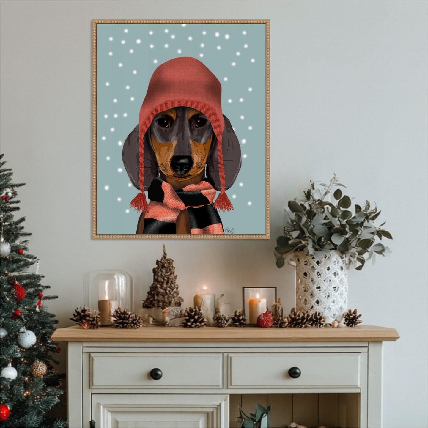 Dachshund With Woolly Hat and Scarf by Fab Funky 23-in. W x 28-in. H. Canvas Wall Art Print Framed