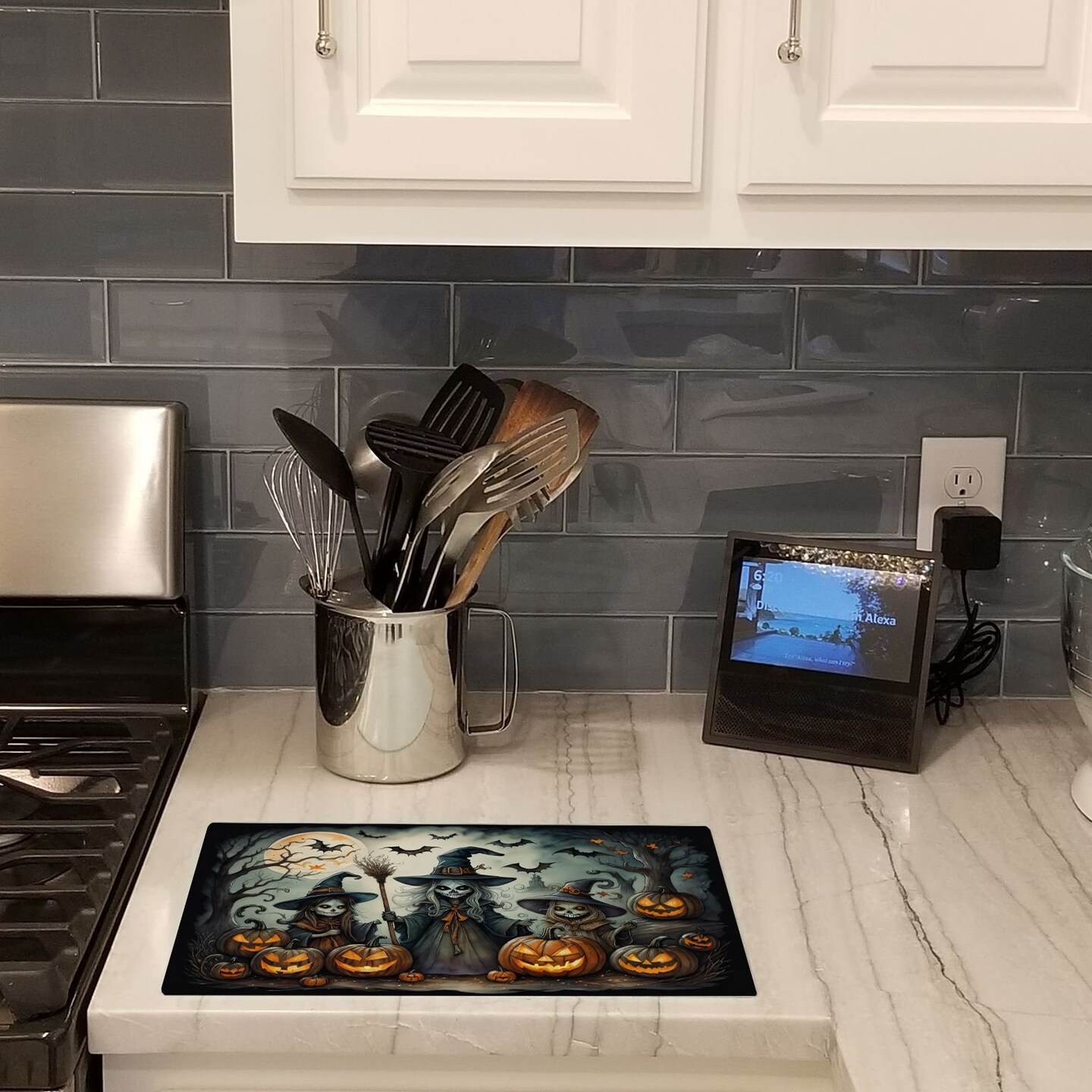 Edge Collections - 15" x 12" - Multicolor - Witch Theme Halloween Decorative Glass Cutting Board for Kitchen - 1 Piece