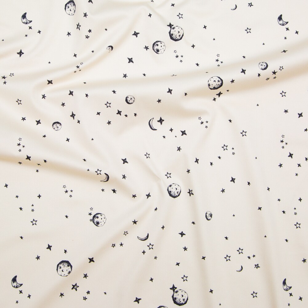 1 Yard White Stars and Moons Black and Beige Stretch Cotton Sateen Fabric