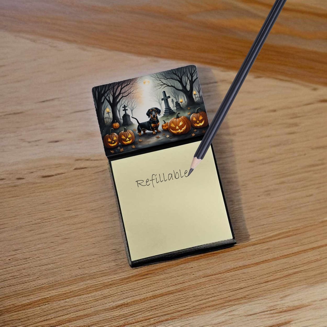 Edge Collections - 3&#x22; x 3&#x22; - Black - Dachshund Halloween Sticky Note Holder Refillable Dispenser - 1 Piece