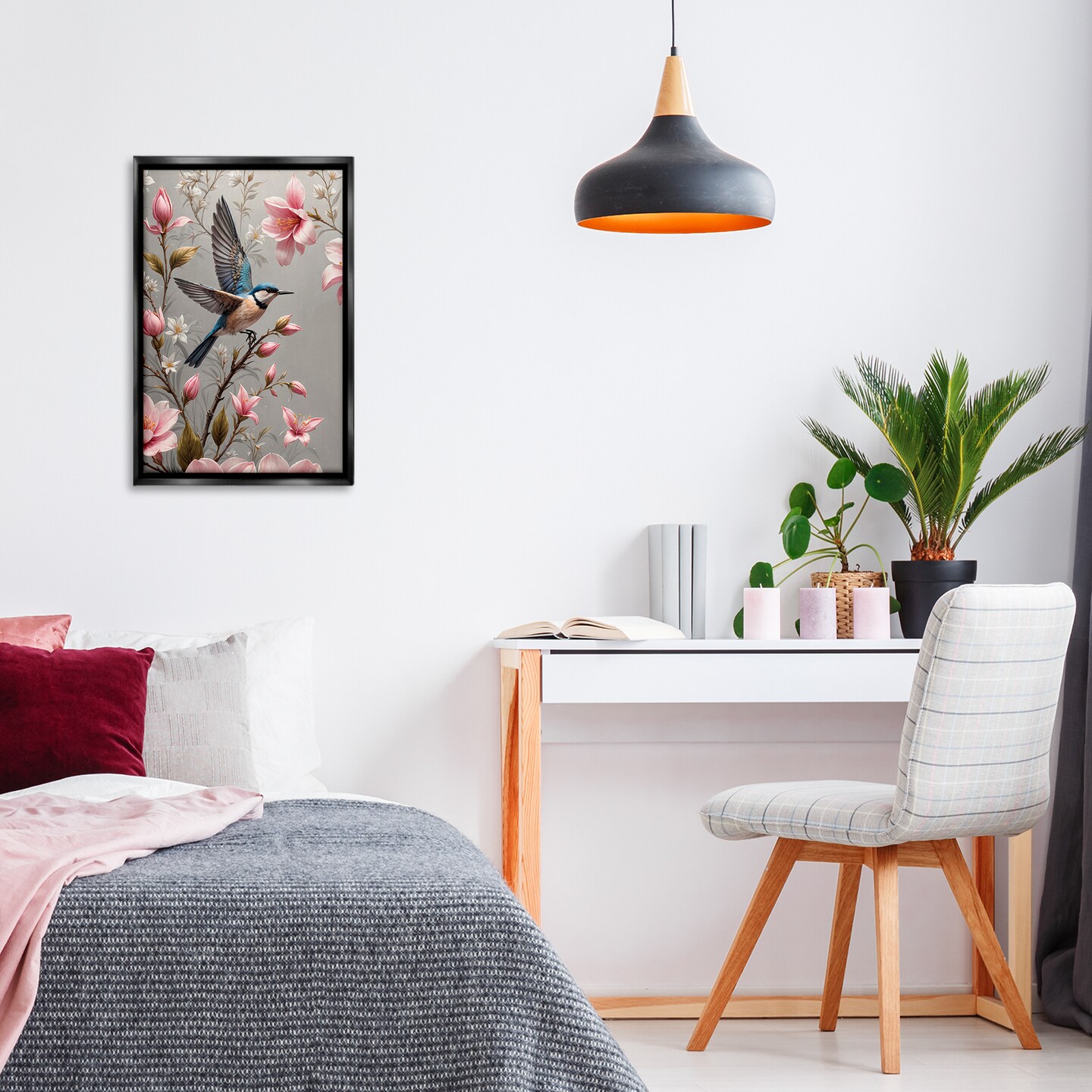 Stupell Industries Soft Pink Florals with Bird Framed Floater Canvas Wall Art Design by Yuri Khrushch