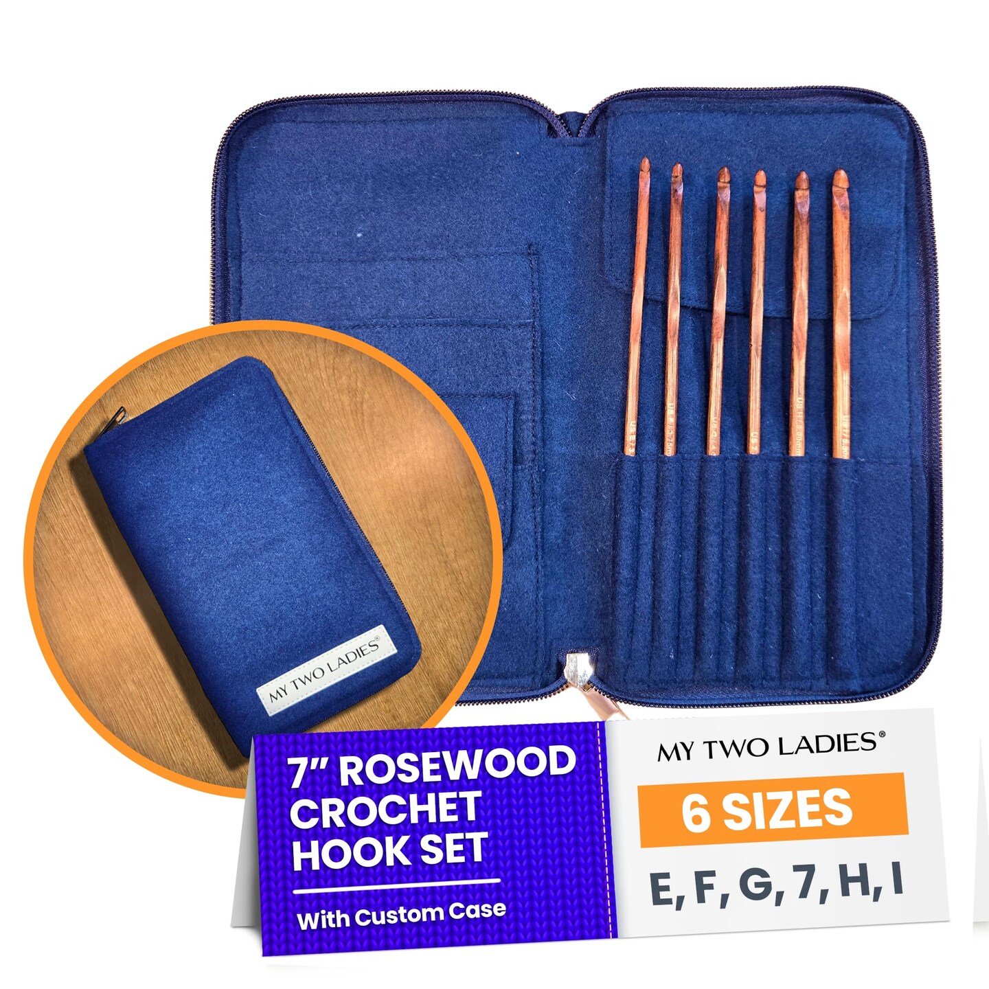 My Two Ladies | Crochet Hook Set | Rosewood | Sizes E, F, G, 7, H, I | w/custom case