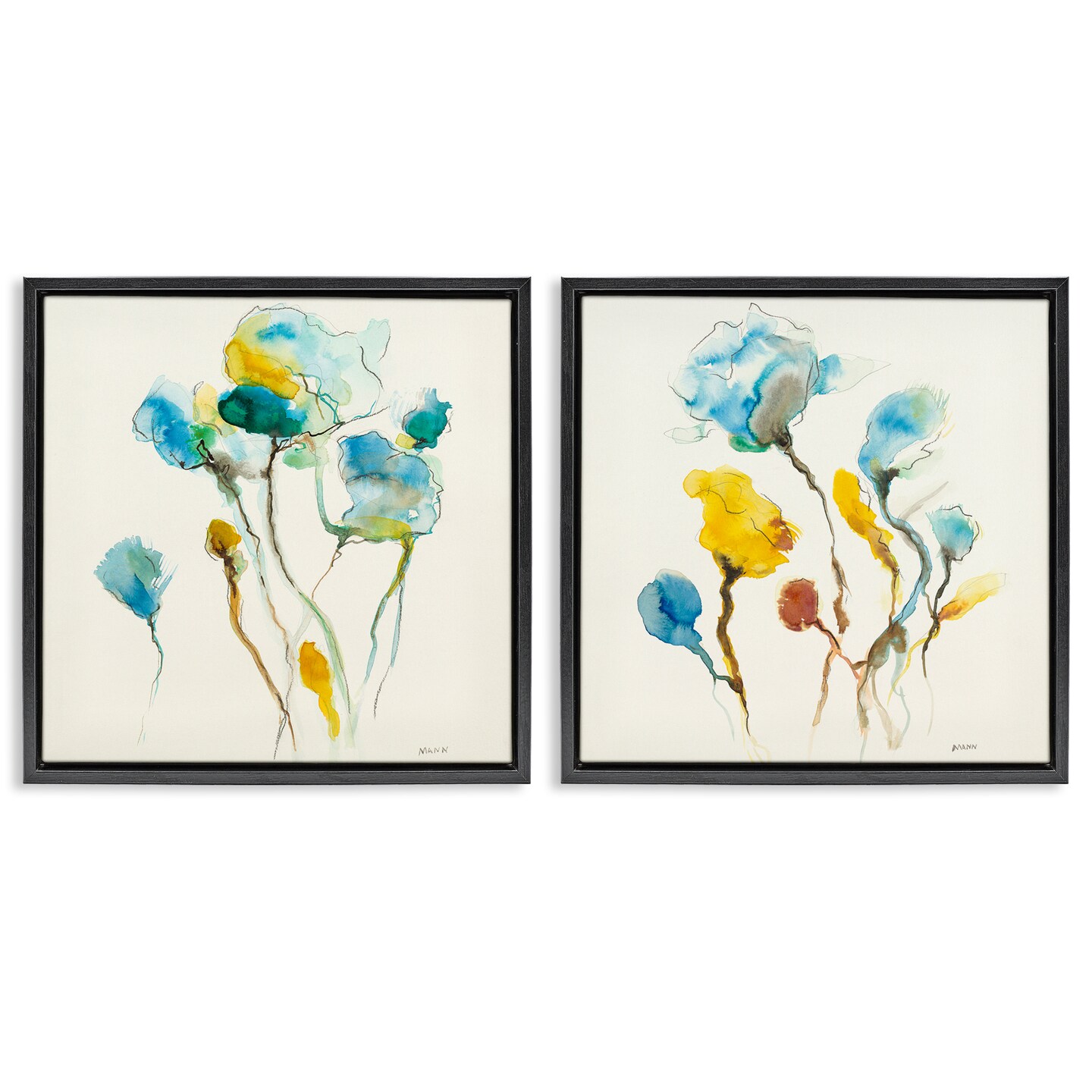 Stupell Industries Watercolor Teal & Yellow Flowers 2 pc Framed Floater Canvas Wall Art Set Design by Patti Mann