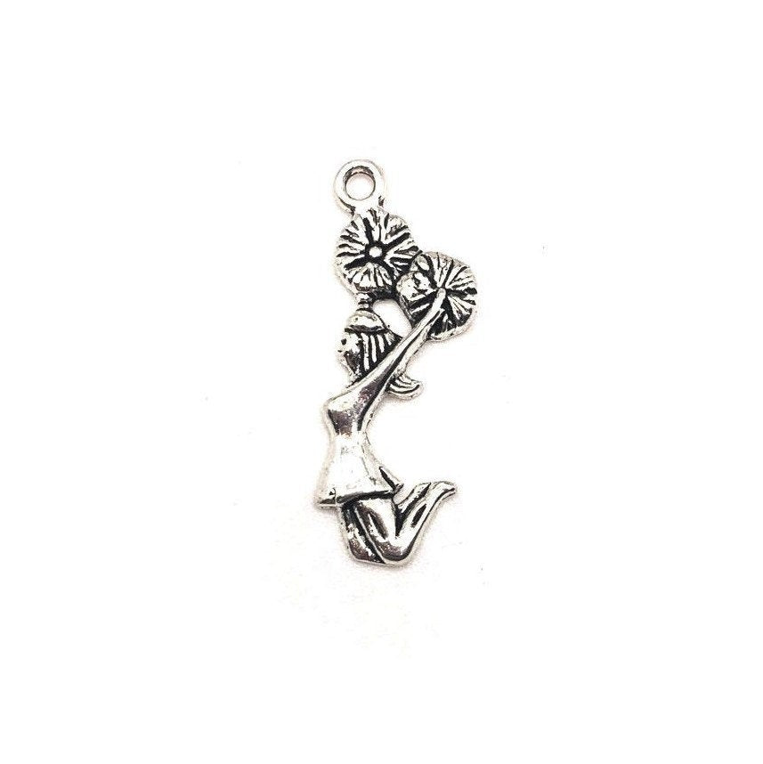 4, 20 or 50 Pieces: Silver Cheerleader with Pom Poms Charms