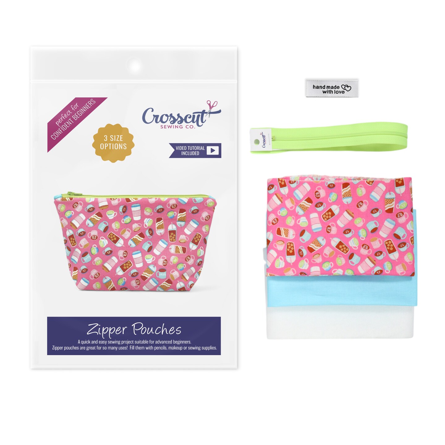 Crosscut Sewing Co.&#xAE; Zipper Pouch Sewing Project Kit for Beginners with Fabric, Instructions and Video