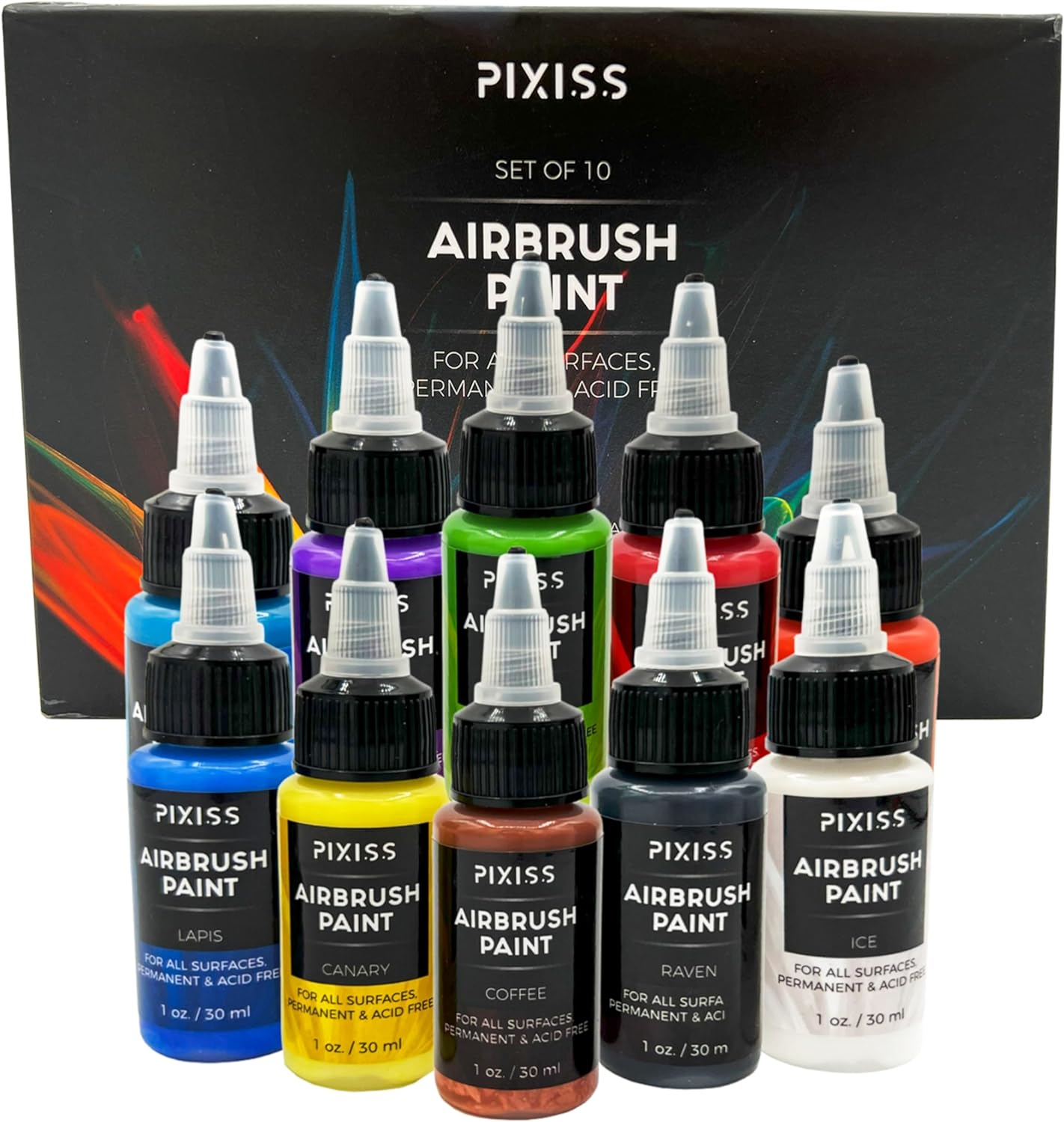 Pixiss Air Brush Painting Set - 10 Colors of Acrylic Paint for Airbrush Kit - Acrylic Airbrush Paint Set for Model Paint Kit - Vibrant Pigments for Various Surfaces