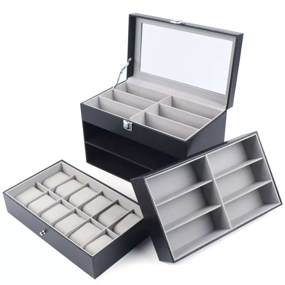 3 Layers Watch Box Jewelry Case 24 Slots Leather Display Storage Box Lockable