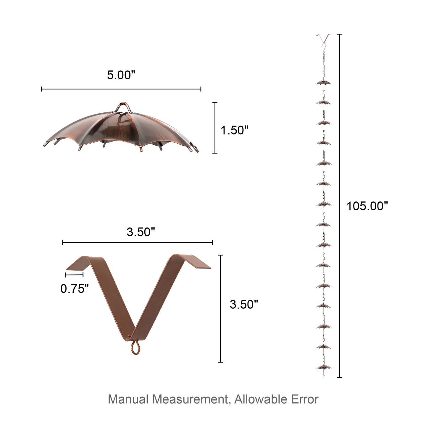 8.5ft 15-Piece Faux Copper Umbrella Shaped Rain Chain with V-Shaped Gutter Clip