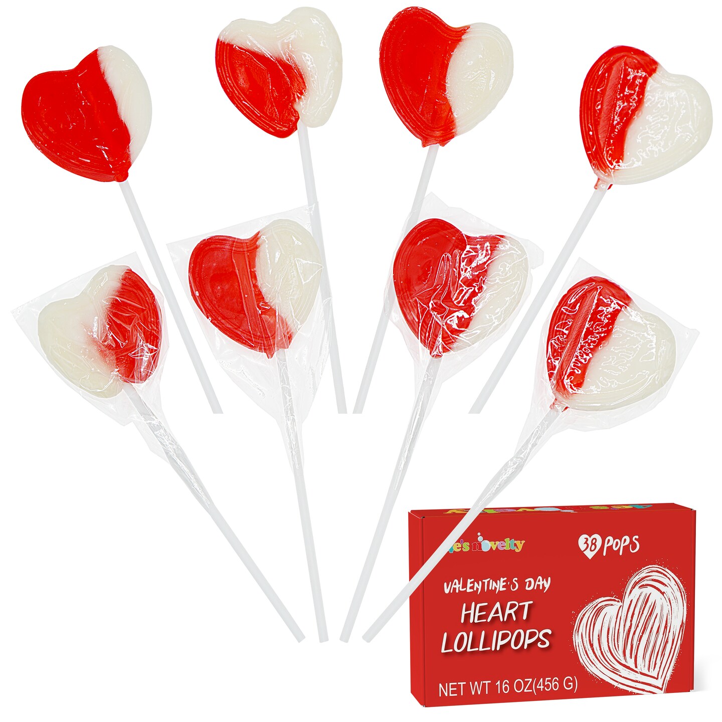 4E's Novelty 38 Pack Heart Shaped Lollipops – Strawberry N Cream Flavored, Individually Wrapped Valentine's Day Candy, Valentine Candy Hearts for Kids