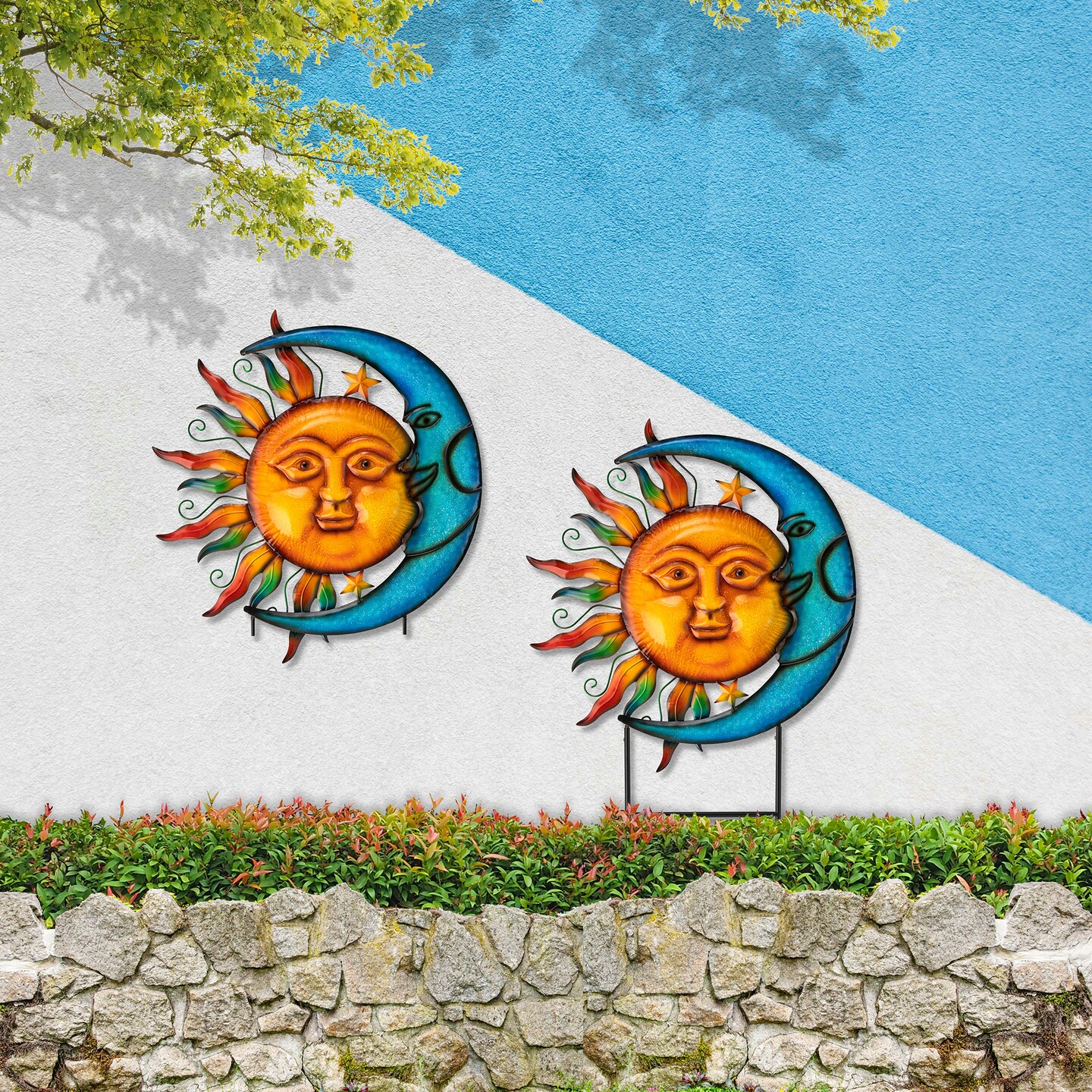 36.25&#x27;&#x27;H Metal Sun and Moon Yardstake or Wall D&#xE9;cor