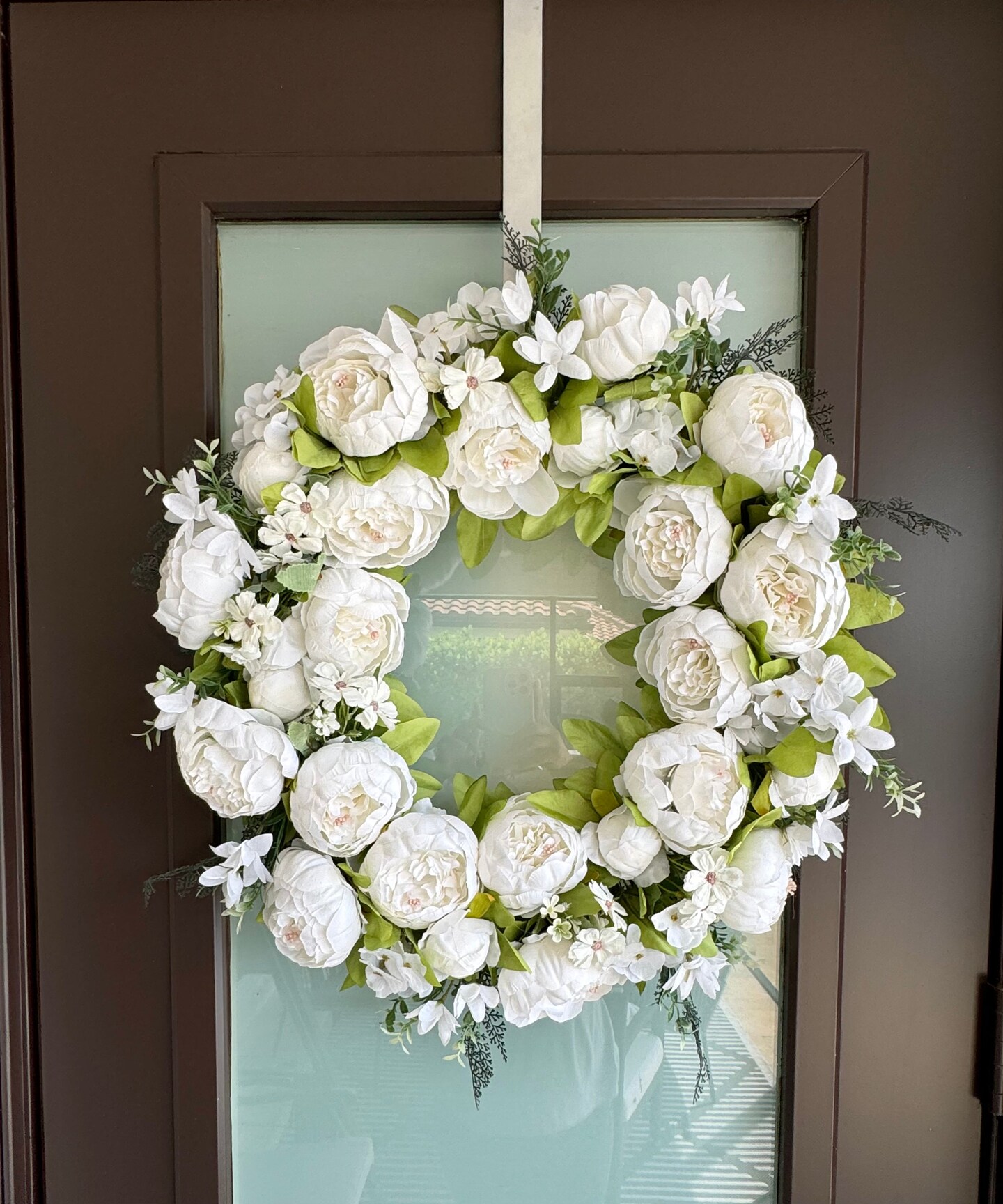 Zoey White Green Faux Peony Flower Wreath 23&#x22; All Season Indoor Outdoor