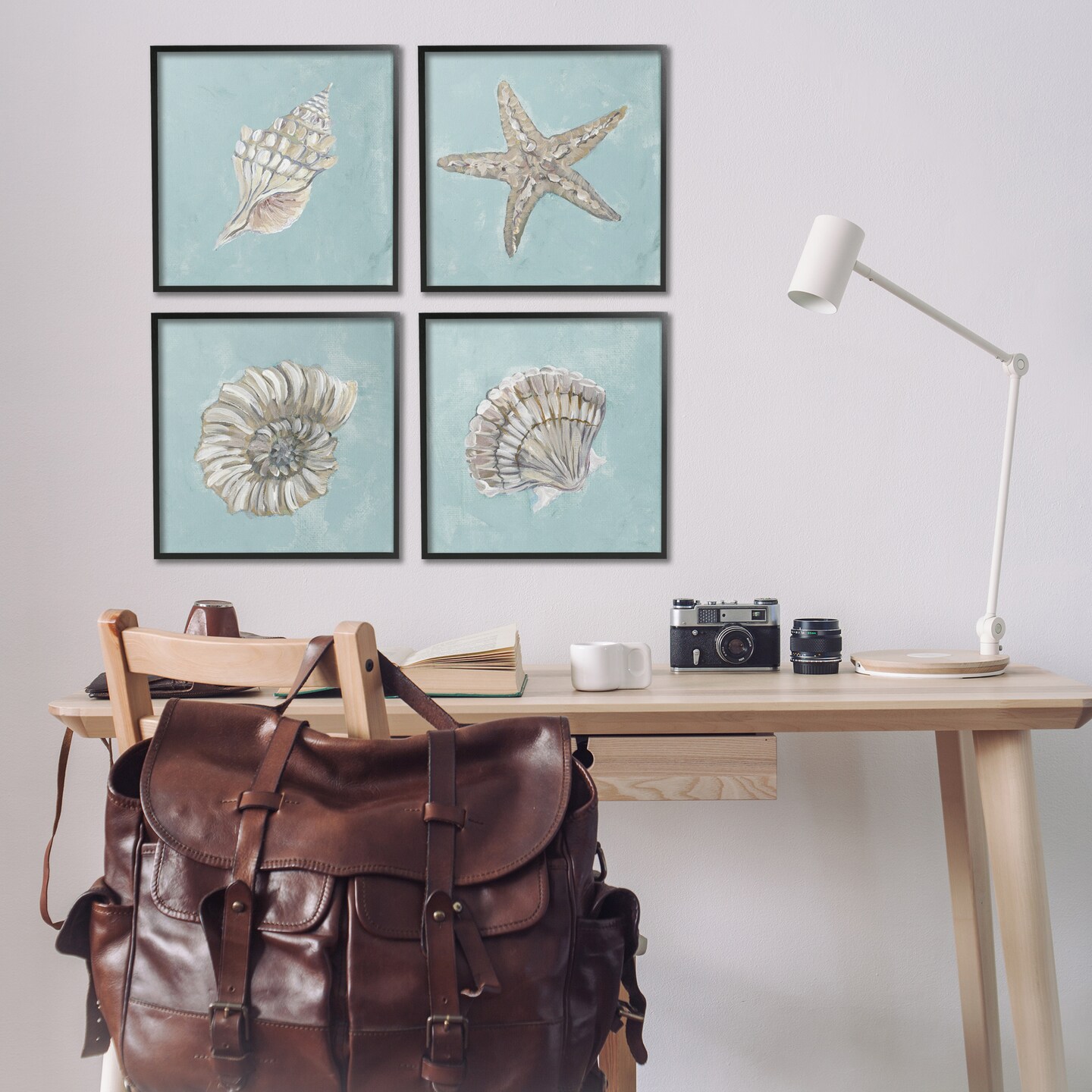 Stupell Industries Beige & Blue Sea Life 4 pc Framed Giclee Wall Art Set Design by Julie Derice