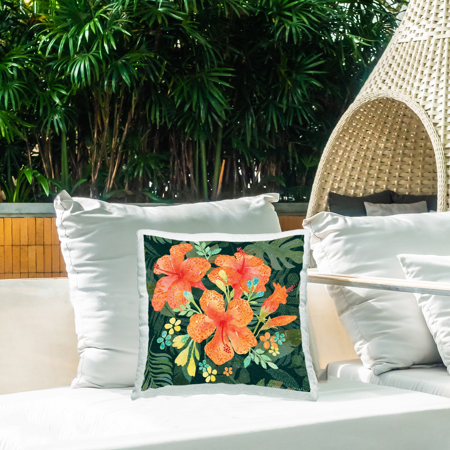 Tropical Hibiscus Bunches Design by Rebecca Canale Outdoor Printed Pillow