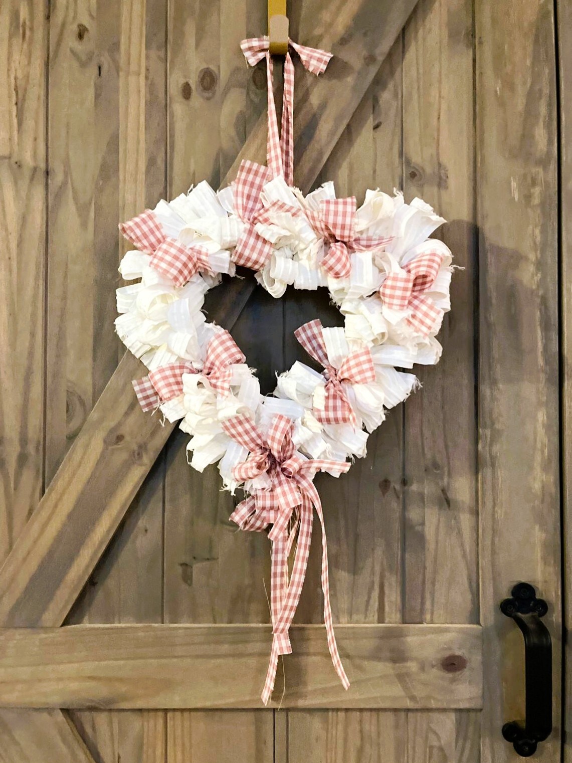 Shabby Chic Heart Rag Wreath Mauve Gingham Art Deco Canvas Vintage Farmhouse Love Nursery Unique Country Cottage Stylish Wreath Handmade product 7