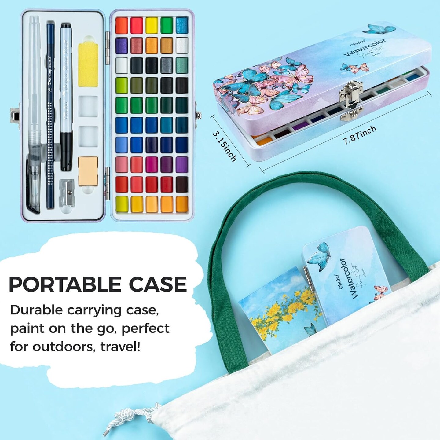 Ohuhu Watercolor Travel Paint Set, Portable Watercolor Kit for Outdoors 50-color with Watercolor Papers, Brush Pen, Acrylic Pen, Pencil and Accessories for Painting, Non-toxic Watercolors Paint for Artists Adults Beginners Kids Gift Idea