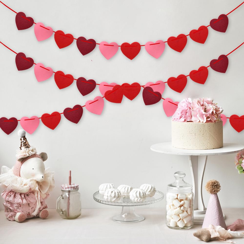 Valentines Day Decorations, Pre-Strung Felt Heart Garland for Mantle, Wall, Party Decorations, Hanging Hearts Decorations for Valentines Day Decor - 6 Strips of Valentine&#x27;s Day Banner