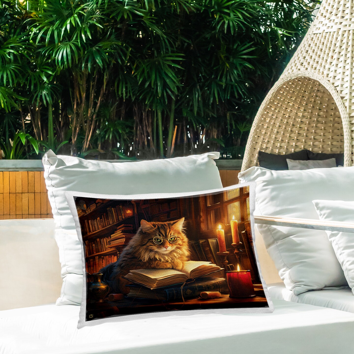 Cat Reading Cozy Library Design by Michael David Ward Outdoor Printed Pillow 
