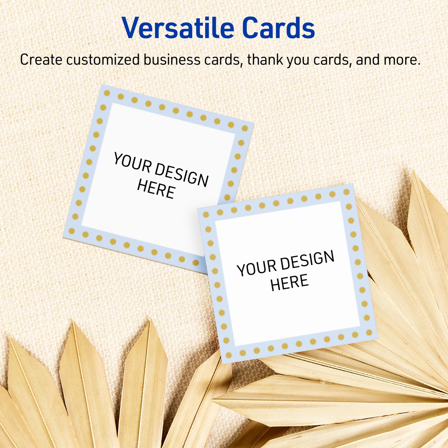 Avery Printable Square Cards, Gold Dots with Blue Border, 2.5&#x22; x 2.5&#x22;, Matte White Square Cards, Laser/Inkjet, 90ct, Great for Business Cards