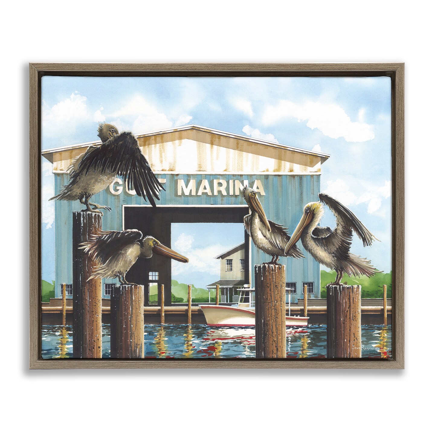 Stupell Industries Boat Marina Pelicans Framed Floater Canvas Wall Art Design by John Rossini