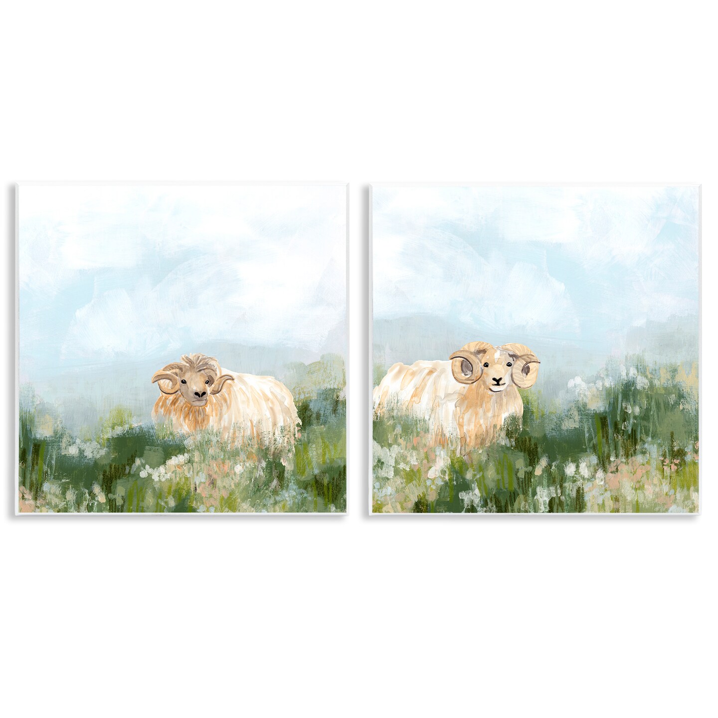Stupell Industries Curly-Horned Sheep Field 2 pc Wall Plaque Art Set Design by June Erica Vess