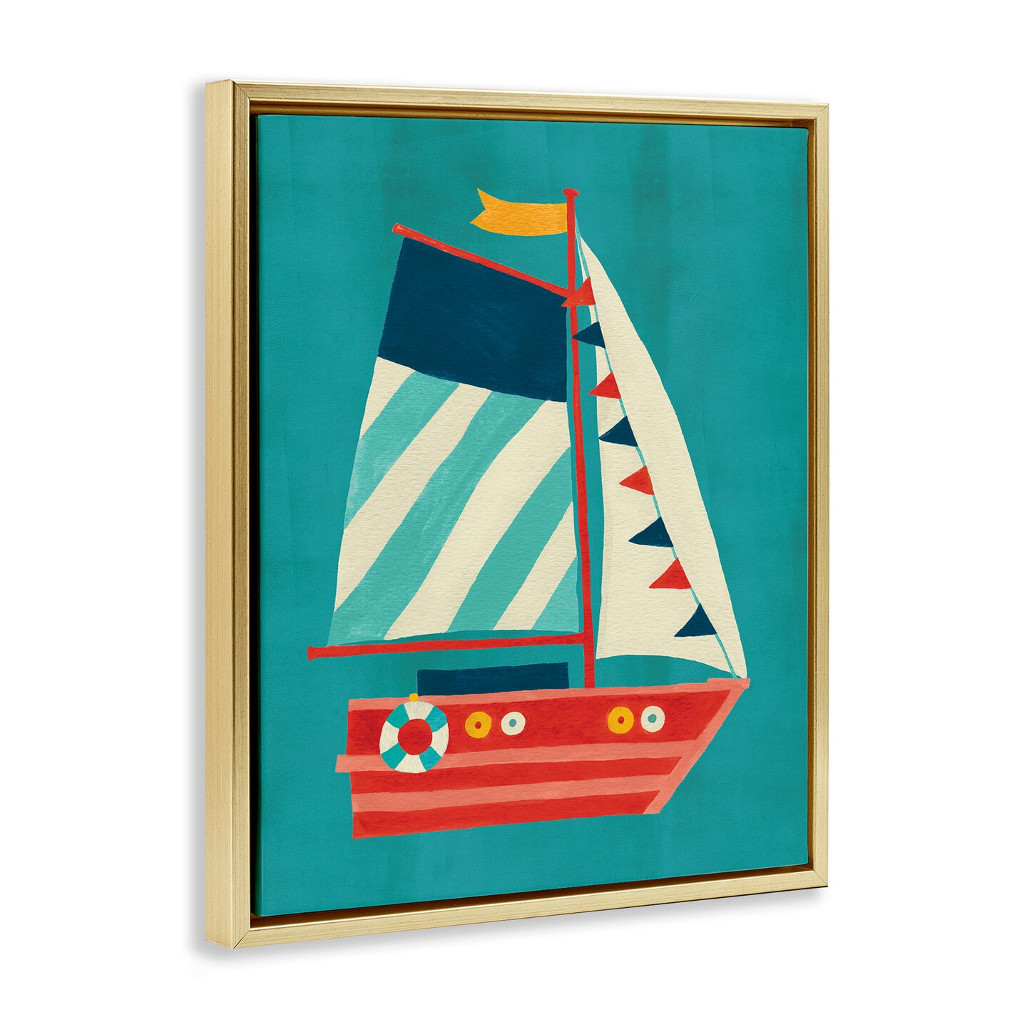 Stupell Industries Striped Sailboat on Blue Framed Floater Canvas Wall Art Design by Irene Chan