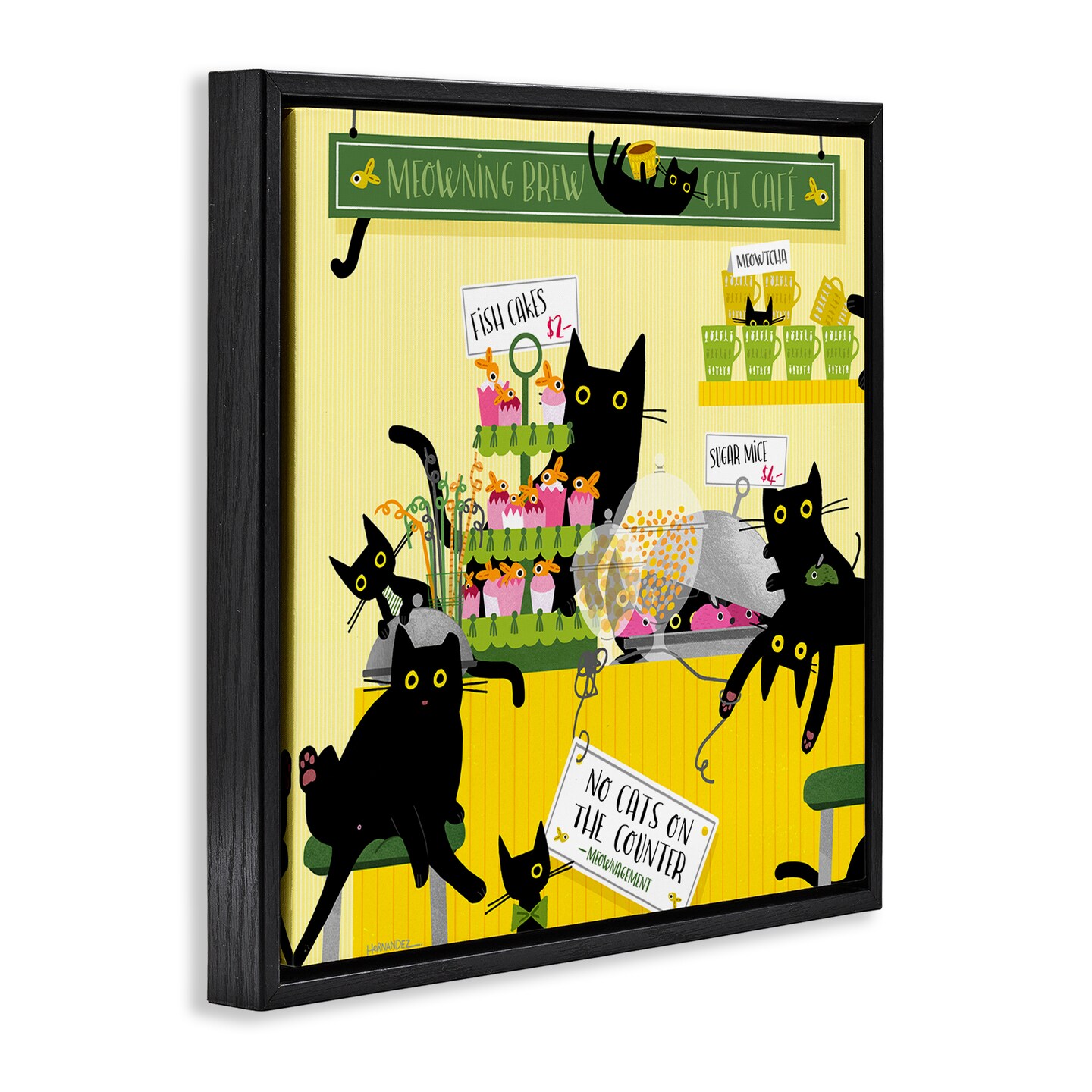 Stupell Industries Silly Cat Café Bakery Framed Floater Canvas Wall Art Design by Leeza Hernandez