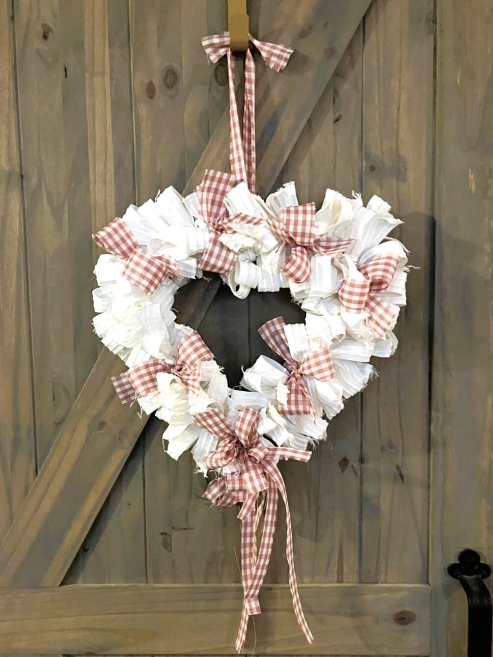 Shabby Chic Heart Rag Wreath Mauve Gingham Art Deco Canvas Vintage Farmhouse Love Nursery Unique Country Cottage Stylish Wreath Handmade product 4