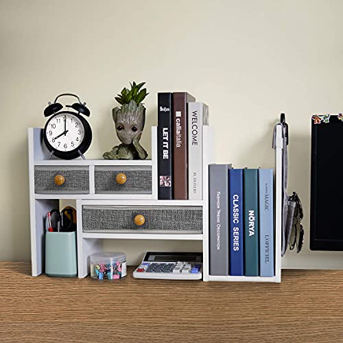 Wood Expandable Desktop Bookshelf Counter Bookcase Adjustable with Drawers Desktop Shelves Rack Storage Organizer for Office Supplies,Makeup,White.Petent Pending