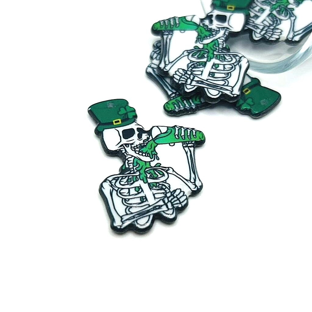 1, 4 or 20 Pieces: Punk St. Patrick&#x27;s Day Drinking Skeleton Charms - Double Sided